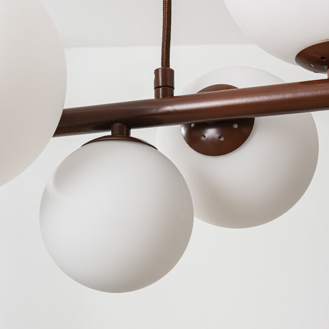 Designer pendant light Deka brown with opal white glass, 10-light
