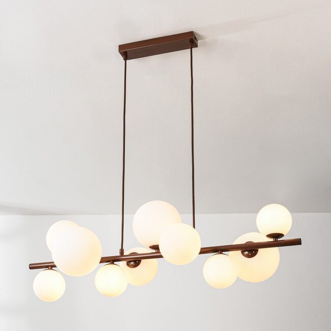 Designer pendant light Deka brown with opal white glass, 10-light