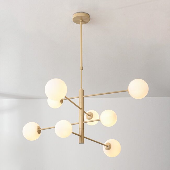 8-light ceiling light Oito - beige with opal white glass, adjustable
