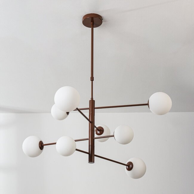 8-light ceiling light Oito - brown with opal white glass, adjustable