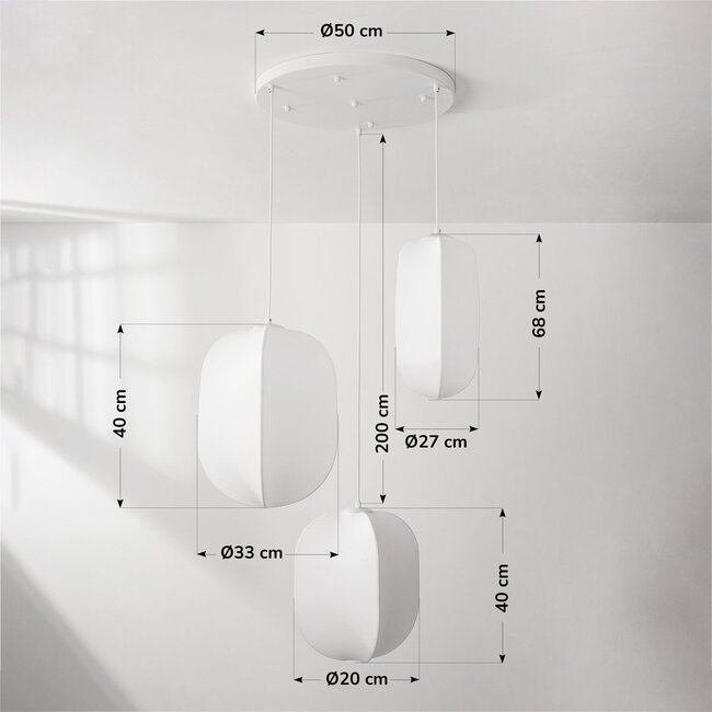 White pendant light Asago 3-light with silk shades