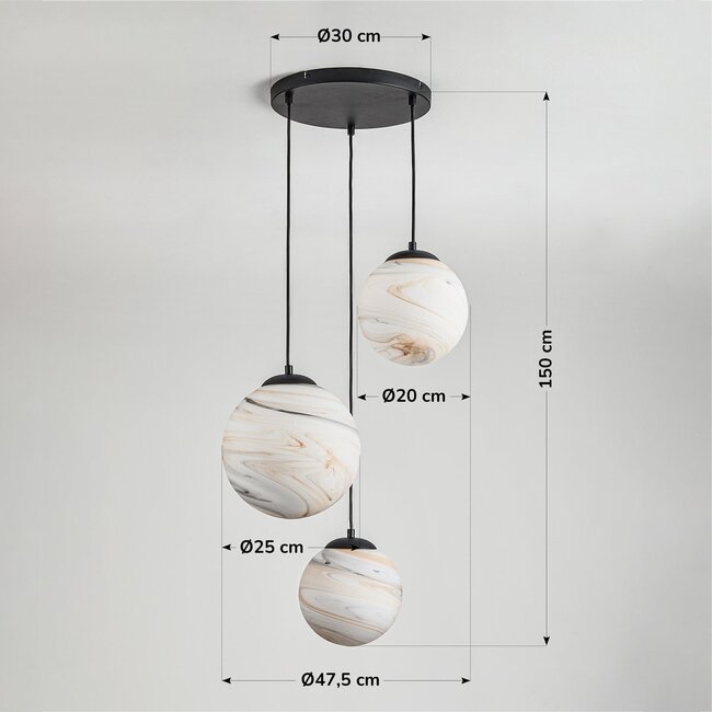 Designer pendant lamp Marbelle 3-light in black with marble-look glass