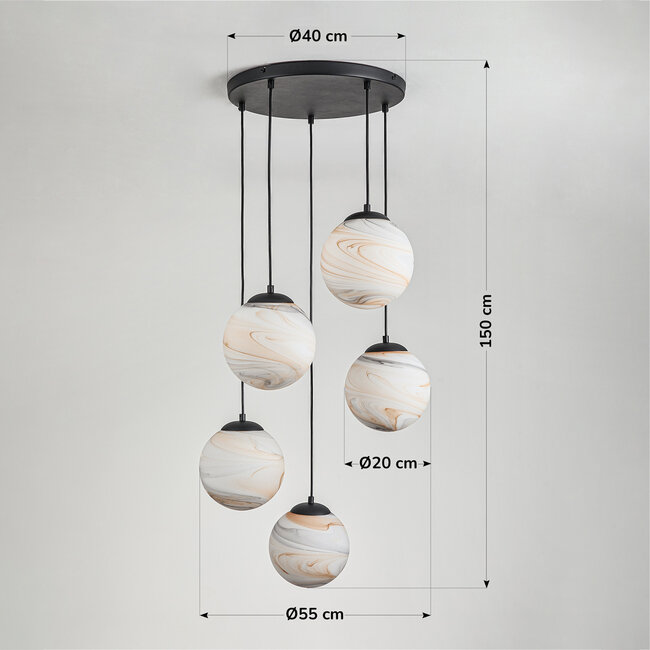 5-light modern pendant lamp Marbelle Black with marble-look glass