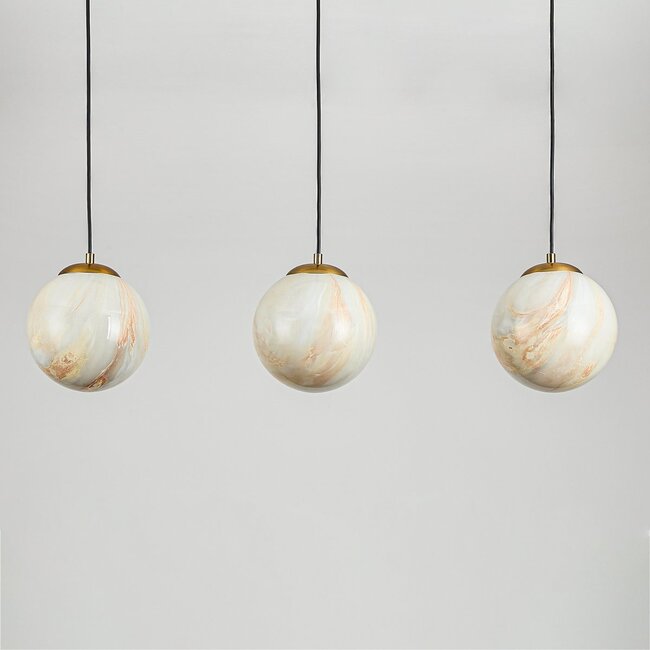 Tessra pendant lamp with three marble-look spheres and brass Golden accents