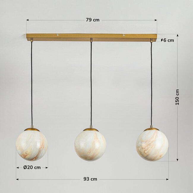Tessra pendant lamp with three marble-look spheres and brass Golden accents
