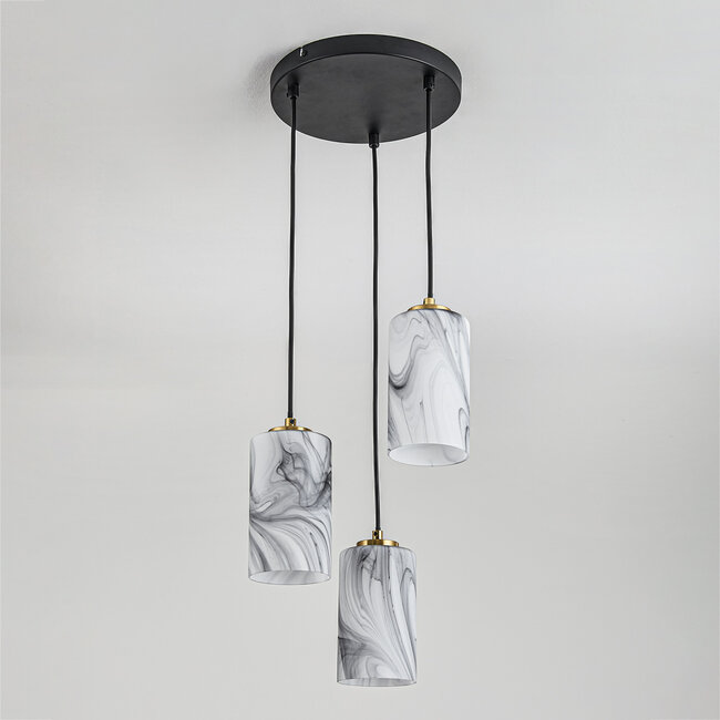 3-light pendant lamp Vetra with marble-look glass shades – brass gold and black