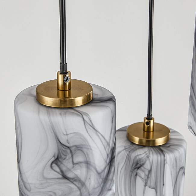 3-light pendant lamp Vetra with marble-look glass shades – brass gold and black