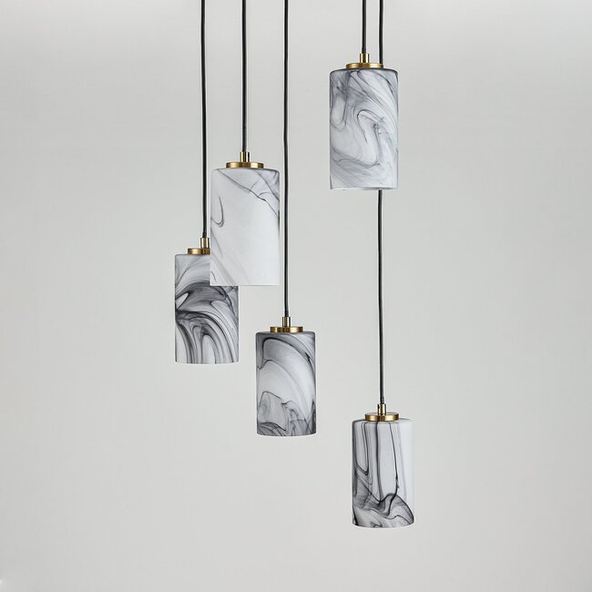 Modern Vetra 5-light pendant lamp with marble-look glass shades – brass Gold and black