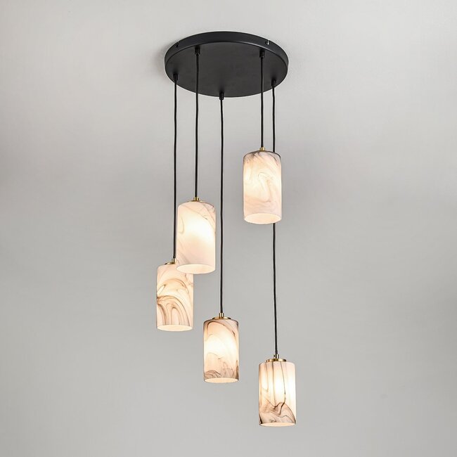 5-light pendant light Vetra - marble-effect glass with brass gold and black