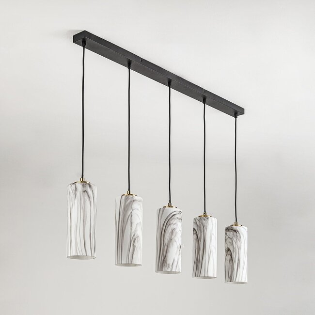 Vetra Pendant Light with Marble-Effect Glass Shades 5-light – Brass Gold and Black