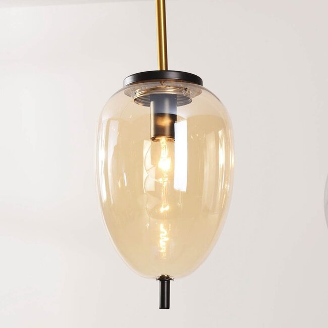 4-light pendant lamp Delia with smoked and light amber glass and gold accents