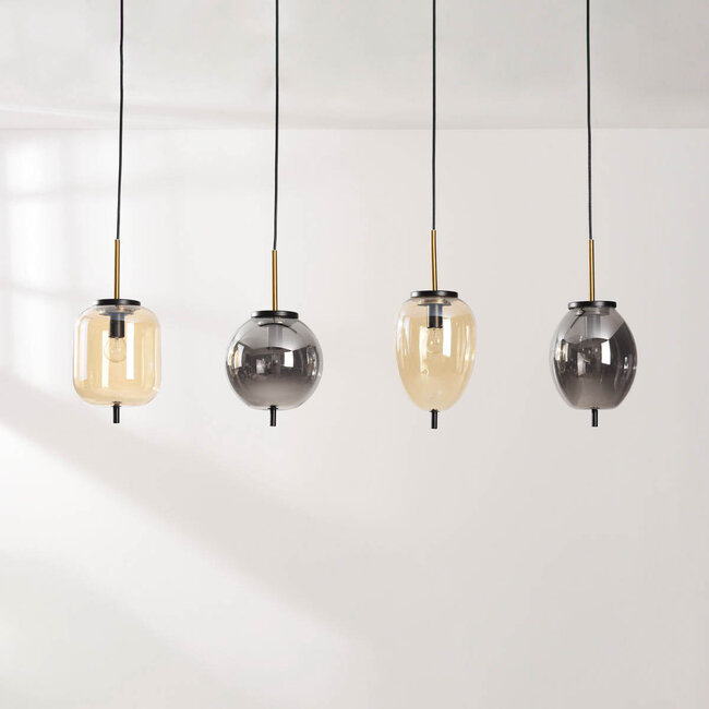 4-light pendant lamp Delia with smoked and light amber glass and gold accents