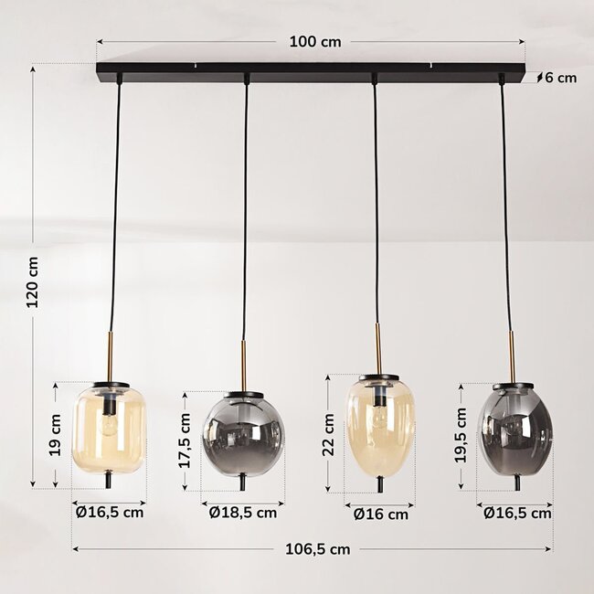 4-light pendant lamp Delia with smoked and light amber glass and gold accents