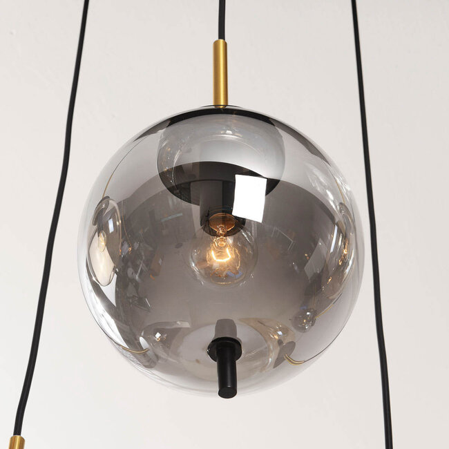 6-light pendant lamp Phora with smoked and light amber glass and golden accents