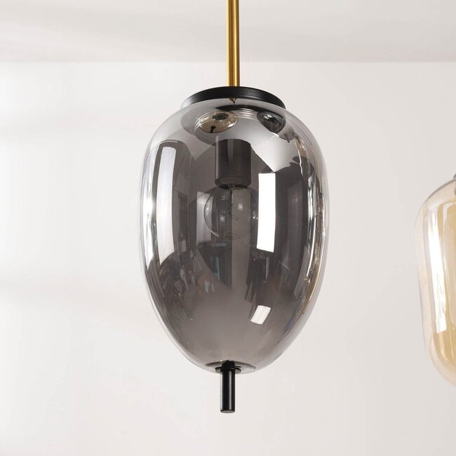 6-light pendant lamp Phora with smoked and light amber glass and golden accents