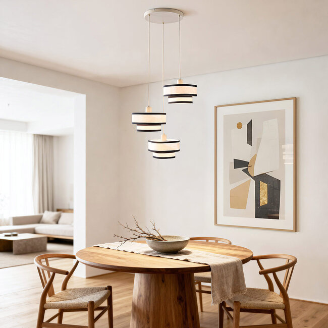 3-light Luxin pendant lamp with double linen shades – off-white with black accents