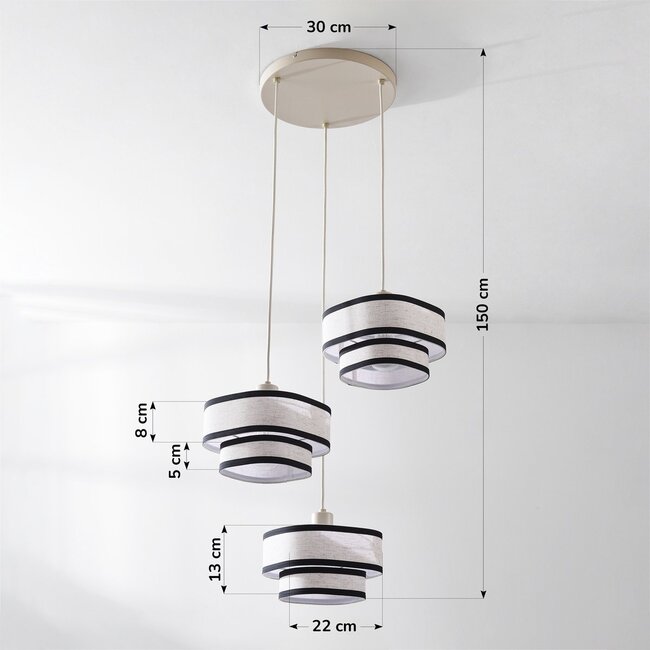 3-light Luxin pendant lamp with double linen shades – off-white with black accents
