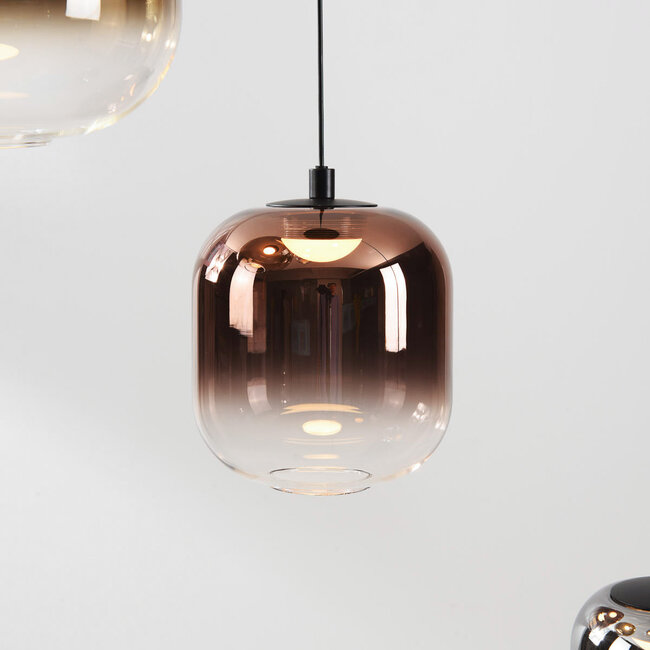 3-step dimmable Kafei pendant lamp with LED and glass shades in gold, smoked glass and copper