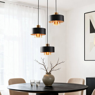 3-light pendant lamp Ferra in black with amber glass and brass details