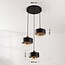 3-light pendant light Ferra in black with amber glass and brass details