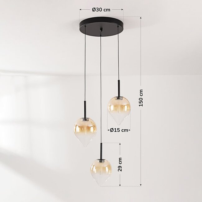 Modern Drop pendant lamp with Amber glass and Integrated LED, 3-step dimmable