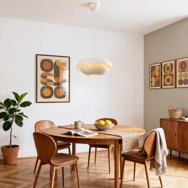 Modern retro pendant lamp Orbia in light beige high gloss