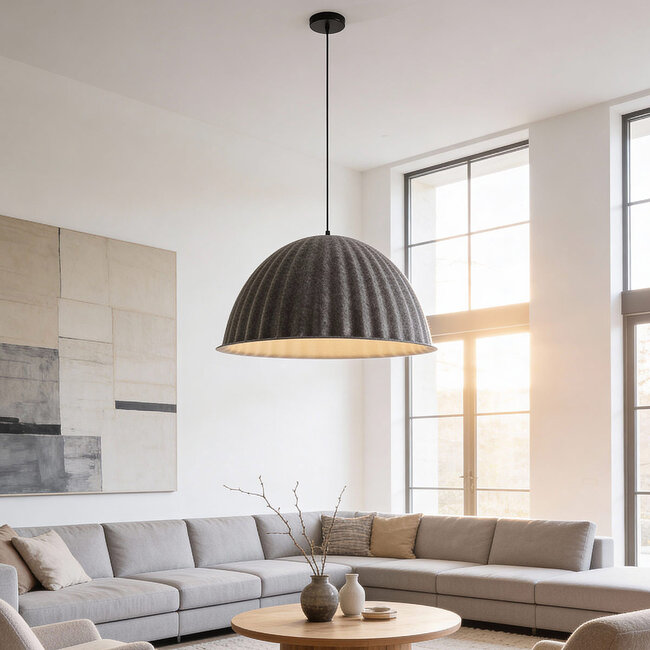 Pendant light Siza with folded grey textile look – Ø77 cm
