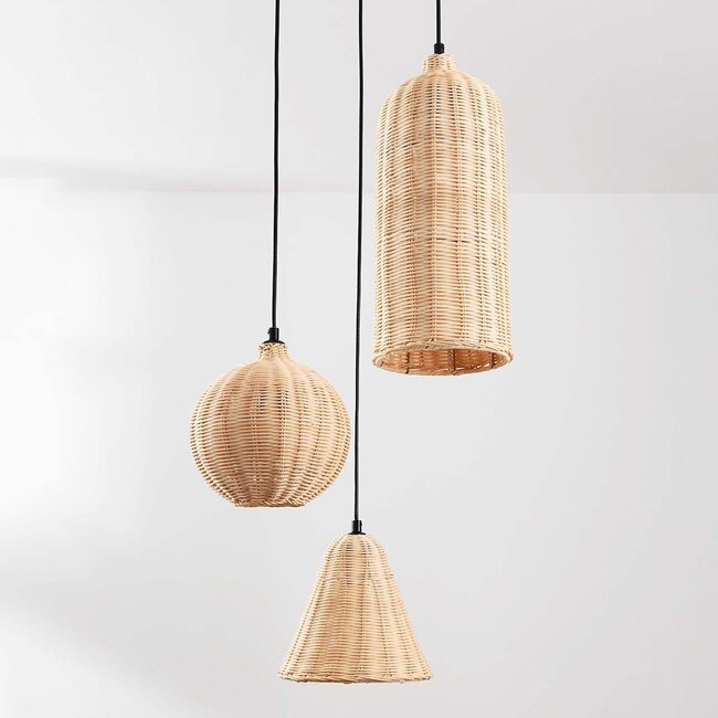 Boho pendant lamp Misu made of rattan with three natural shades