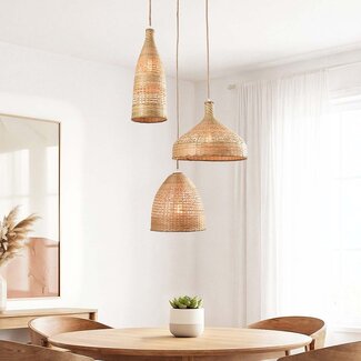 Aska rattan pendant light with three natural, hand-woven shades and wooden ceiling plate