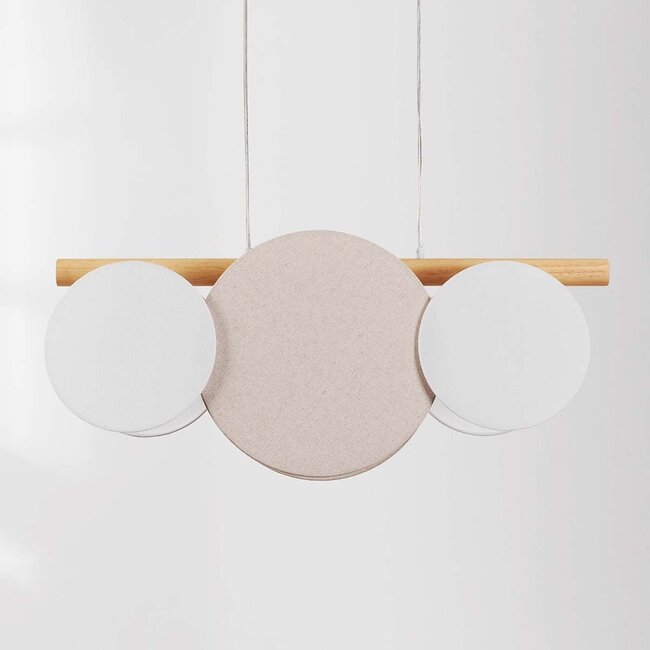 3-light modern pendant light Zenna – natural linen with wood and white accents
