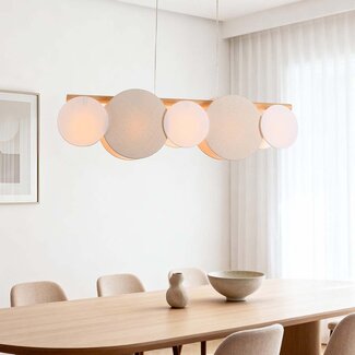 5-light pendant lamp Zenner – natural linen with wood and white accents