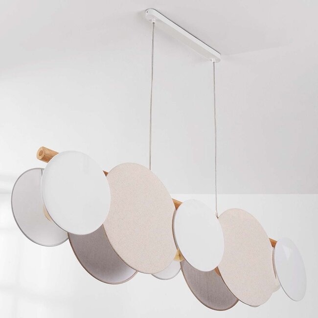 5-light pendant lamp Zenner – natural linen with wood and White accents