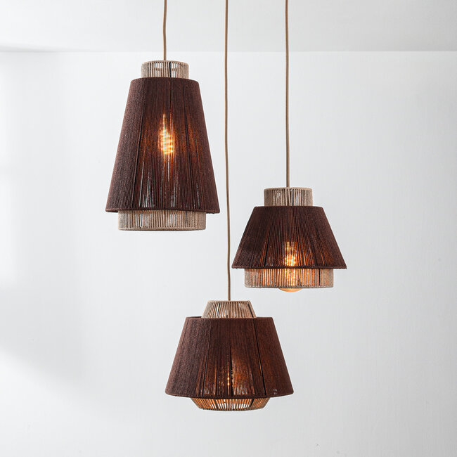 Boho 3-light pendant lamp Yra with cotton rope in warm Taupe and dark brown