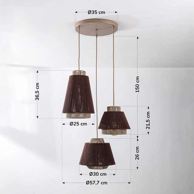 Boho 3-light pendant lamp Yra with cotton rope in warm Taupe and dark brown