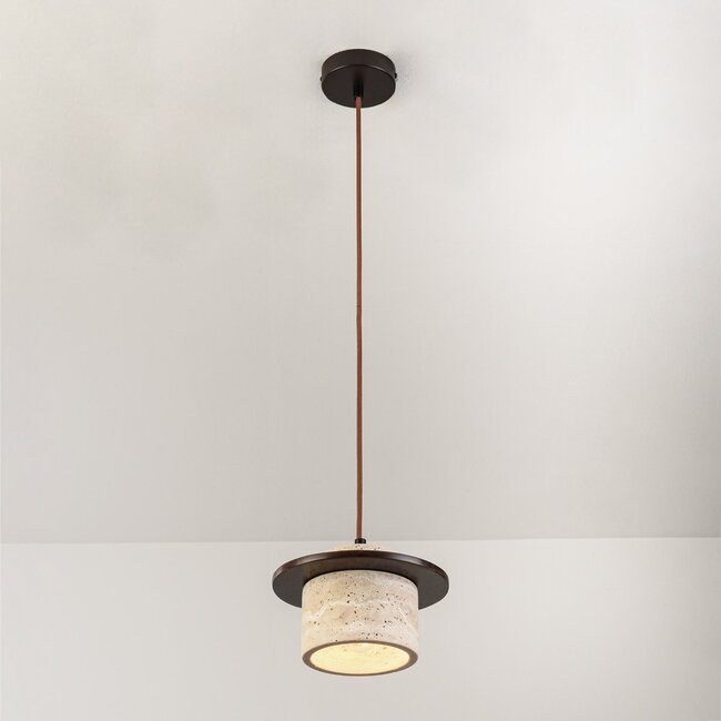 Japandi pendant light made of travertine (natural stone) and wood - Travano