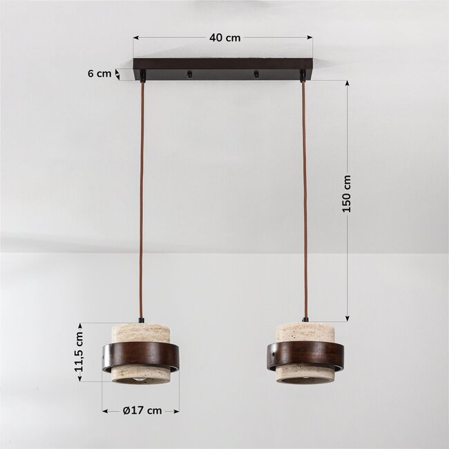 2-light Travé pendant light made of travertine (natural stone) and wood