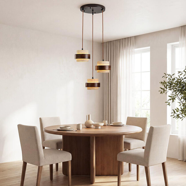 Designer lighting pendant light Travé made of travertine (natural stone) and wood, 3-light