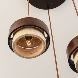 Travé designer pendant light in travertine (natural stone) and wood, 3-light
