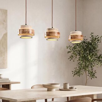 3-light pendant light Travo in travertine (natural stone) and light wood