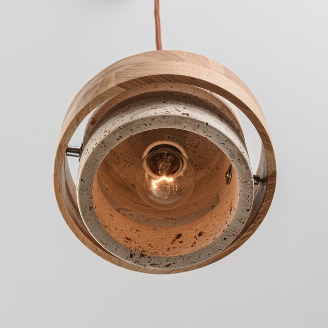 3-light pendant light Travo in travertine (natural stone) and light wood