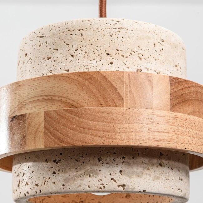 3-light pendant light Travo in travertine (natural stone) and light wood