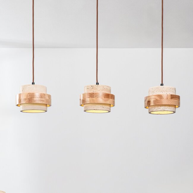 3-light pendant light Travo in travertine (natural stone) and light wood