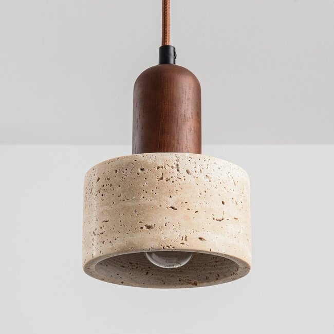 Japandi pendant light with three travertine (natural stone) shades and wood accents - Muro
