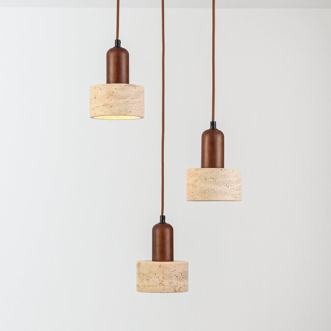 3-light Japandi pendant light Muro made of travertine (natural stone) and Wood