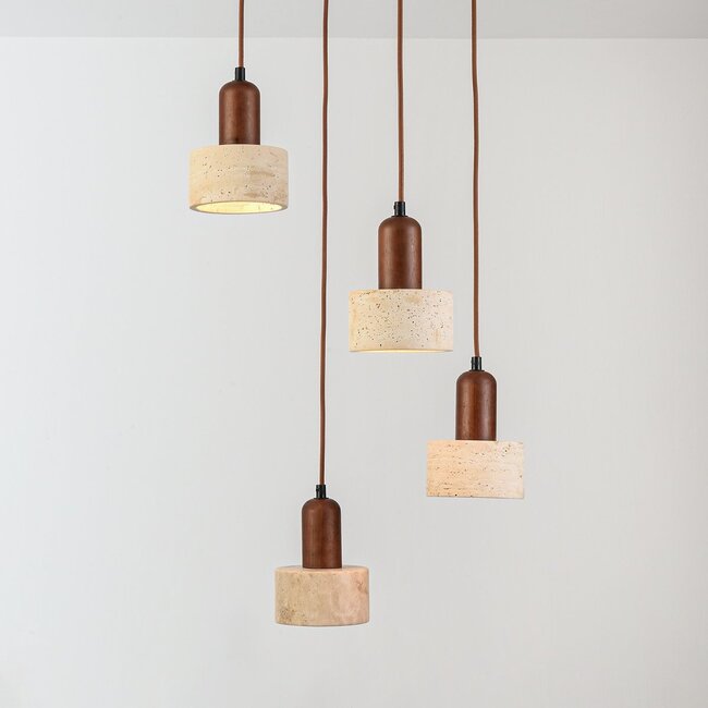 Japandi pendant light Muro made of travertine (natural stone) and wood, 4 lights