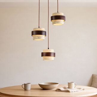 Round pendant light Mavero made of cement and wood, 3-lights