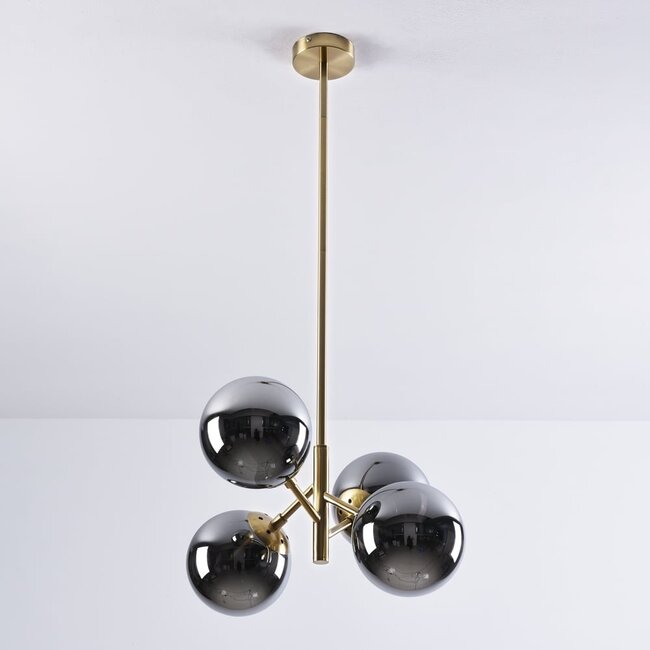 Retro pendant lamp in gold with smoked glass and mirror effect, 4-light - Florence