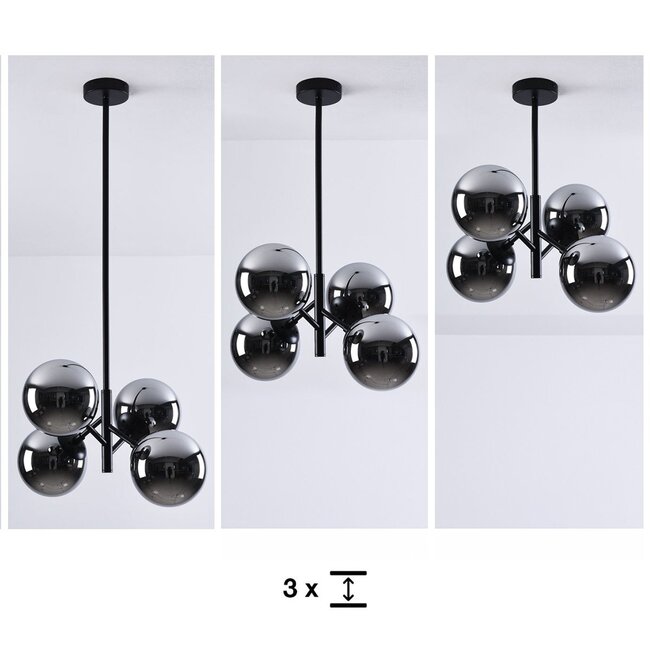 Retro pendant lamp in black with smoked glass and mirror effect, 4-light - Florence