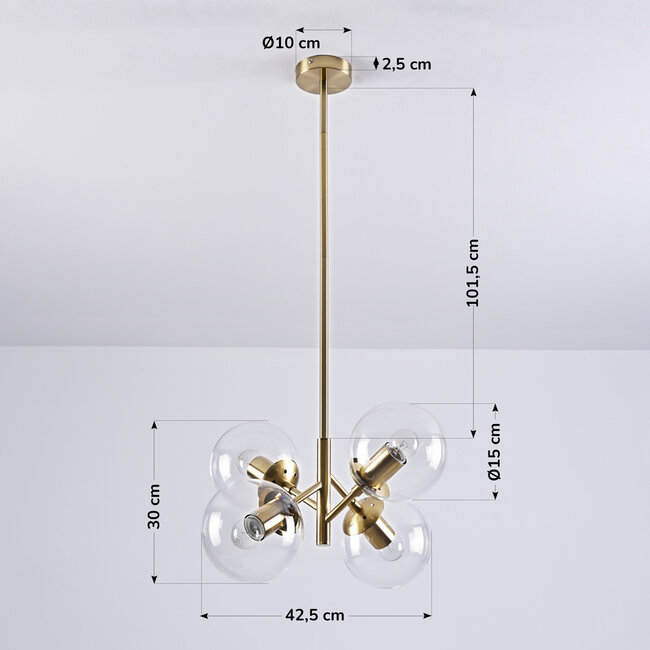 Retro pendant lamp in Gold with transparent glass, 4-light - Florence