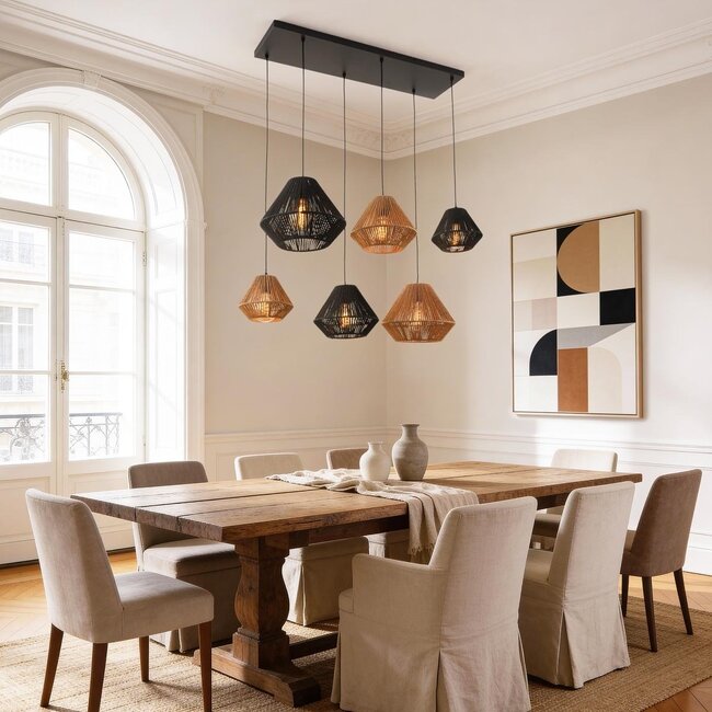 6-light pendant light Ivero made of paper cord in black and brown